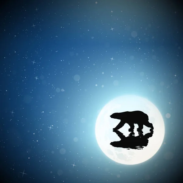 月光下 孤独的北极熊在冰冷的湖面上散步 北极景观 动物反映在水中 满月在星空中 用于多边形 纺织品 幼儿装饰的矢量图解 — 图库矢量图片