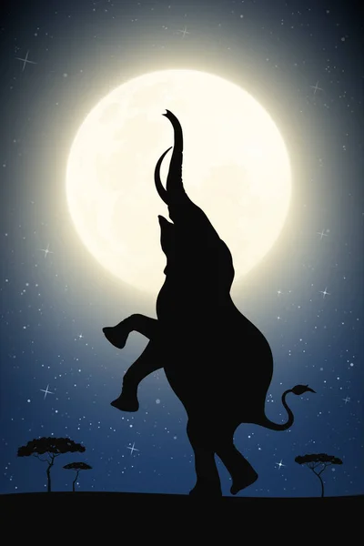 月明かりの夜にサバンナに象を立っている 星空の中で大きな動物と満月と砂漠の風景 星空の満月 ポリグラフィック テキスタイル 装飾に使用するためのベクトルイラスト — ストックベクタ
