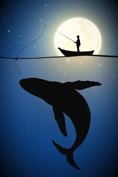 Pescador Barco Noche Luna Hombre Silueta Con Caña Pescar Ballena — Vector de stock