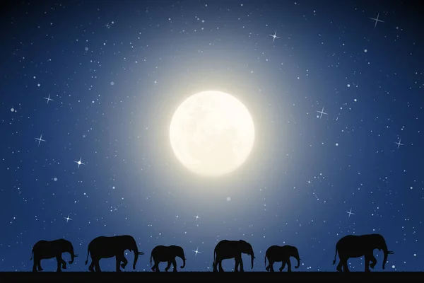 Elefantenfamilie Spaziert Der Mondscheinnacht Durch Die Wüste Landschaft Mit Silhouetten — Stockvektor