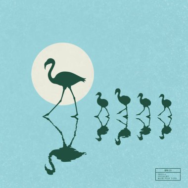 Flamingo ailesi gölde yürüyor. Suya yansıyan kuş izole edilmiş siluetleri olan manzara. Mavi dokuda beyaz güneş. Yalan makinesi, tekstil, tasarım, dekor için vektör illüstrasyonu