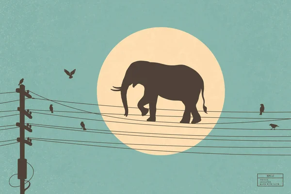 Éléphant Marche Sur Ligne Électrique Silhouette Isolée Gros Animaux Oiseaux — Image vectorielle