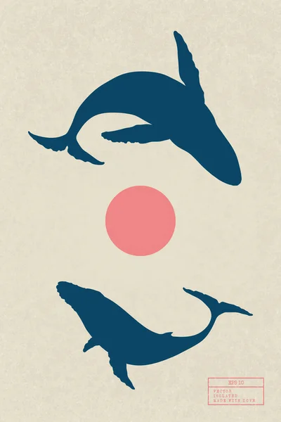 Familia Ballenas Volando Cielo Yin Yang Madre Animal Siluetas Aisladas — Vector de stock