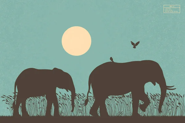 Famille Éléphants Marchant Dans Herbe Haute Silhouettes Isolées Mère Animale — Image vectorielle