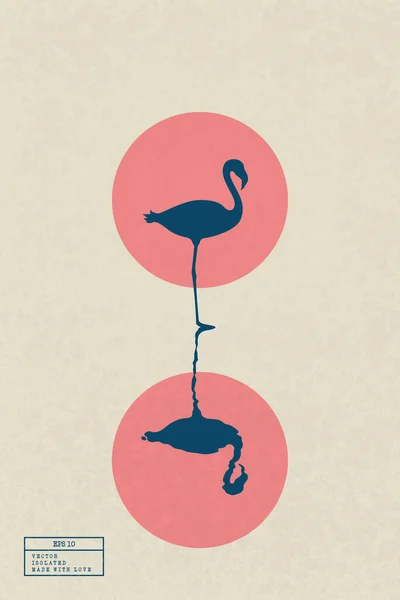 Eenzame Flamingo Het Meer Elegante Vogels Geïsoleerd Silhouet Weerspiegeld Water — Stockvector