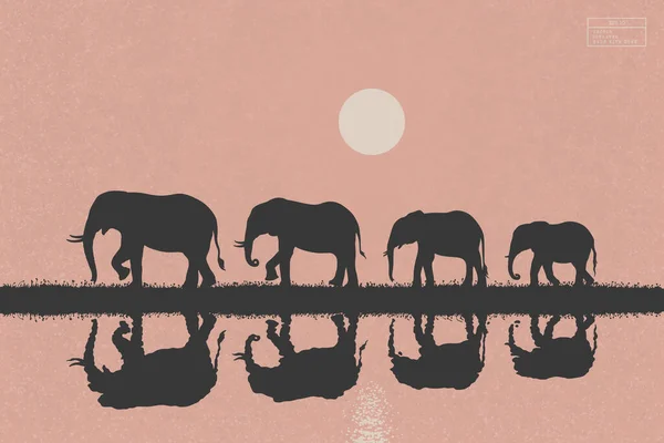 Elefánt Család Sétál Folyóparton Tájkép Nagy Állatokkal Elszigetelt Sziluettekkel Savannah — Stock Vector
