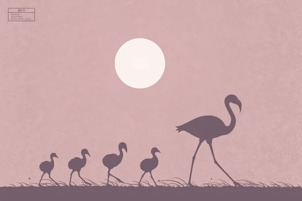 Flamingo Familie Loopt Het Gras Landschap Met Vogelmoeder Kinderen Geïsoleerde — Stockvector