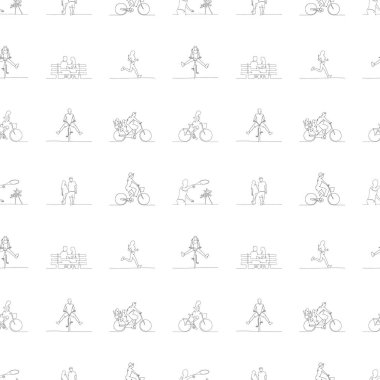 Parktaki insanların siluetleriyle kusursuz bir düzen. Aşıkların, bisikletçilerin, koşuların, plaj oyunlarının kesintisiz çizimleri. Beyaz ve siyah arka plan. Kumaş, parmak izi ve tişörtler için vektör illüstrasyonu