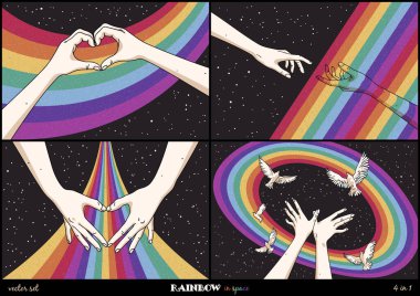 Uzayda eller ve gökkuşağı. Gay Gururu. Romantik LGBT konsepti. Renkli kozmik doku arka planı. Gece yıldızlı gökyüzü. Poster, tişört izi, kartpostal için soyut vektör çizimi