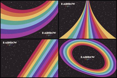 Uzayda gökkuşağı. Renkli kozmik doku arka planı. Gece yıldızlı gökyüzü. LGBT bayrağı. Poster, tişört izi, kartpostal için soyut vektör çizimi