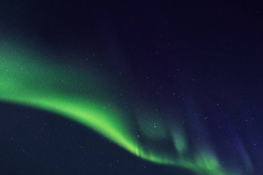 Gece yıldızlı gökyüzü ve kuzey ışıklarıyla soyut bir arka plan. Yeşil aurora borealis 'li vektör çizimi. Renkli yatay doğal arkaplan