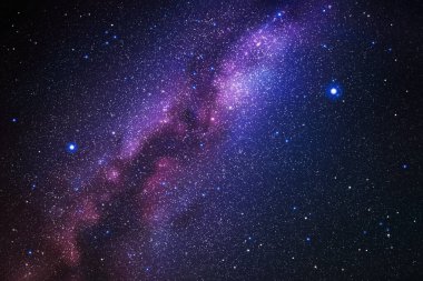 Gece yıldızlı gökyüzü ve Samanyolu ile uzay arkaplanı. Evrendeki galaksimizle vektör çizimi. Evrenin bir parçasıyla koyu mavi arkaplan