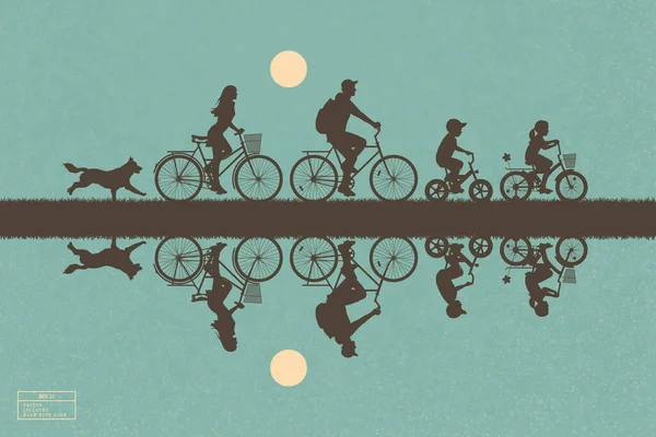 Famille Sur Les Vélos Dans Parc Silhouette Isolée Cyclistes Chien — Image vectorielle