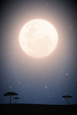Ay ışığında bozkır ağaçlarıyla dolu bir manzara. Yıldızlı gökyüzünde dolunay olan deniz mavisi gizemli bir arka plan. Yalan makinesi, tekstil, dekor için dikey vektör çizimi