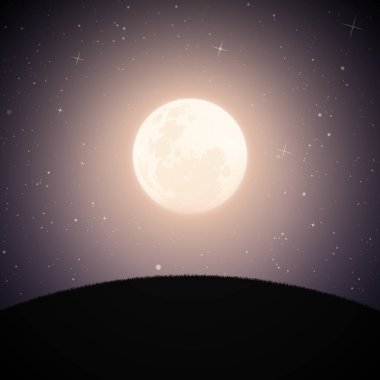 Ay ışığı gecesinde çimenli tepenin manzarası. Yıldızlı mor gökyüzünde dolunay olan gizemli bir arka plan. Yalan makinesi, tekstil, tasarım, iç dekorasyon için kare vektör çizimi