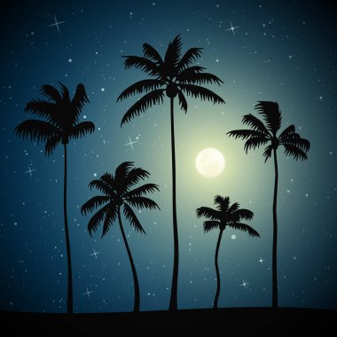 Ay ışığında, plajda palmiye ağaçları olan bir manzara. Yıldızlı gökyüzünde dolunay olan mavi gizemli bir arka plan. Yalan makinesi, tekstil, tasarım, iç dekorasyon için kare vektör çizimi