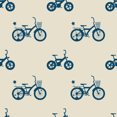 Çocuk bisikleti siluetleriyle kusursuz bir düzen. Farklı türde bisikletleri olan dijital kağıt. Bej ve mavi arka plan. Kumaş, parmak izi ve tişörtler için vektör illüstrasyonu