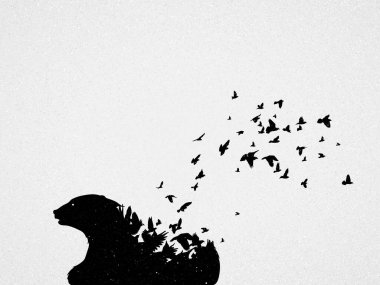 Kutup ayısı silueti, uçan kuşlar. Nesli tükenmekte olan hayvanlar. Yaşam ve ölüm. Vahşi yaşamı koruma konsepti. Metafor siyah beyaz sanat posteri. Parmak izleri ve tişörtler için vektör illüstrasyonu