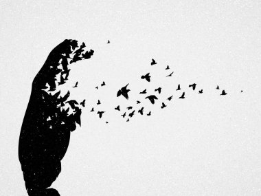 Kutup ayısı silueti, uçan kuşlar. Nesli tükenmekte olan hayvanlar. Yaşam ve ölüm. Vahşi yaşamı koruma konsepti. Metafor siyah beyaz sanat posteri. Parmak izleri ve tişörtler için vektör illüstrasyonu