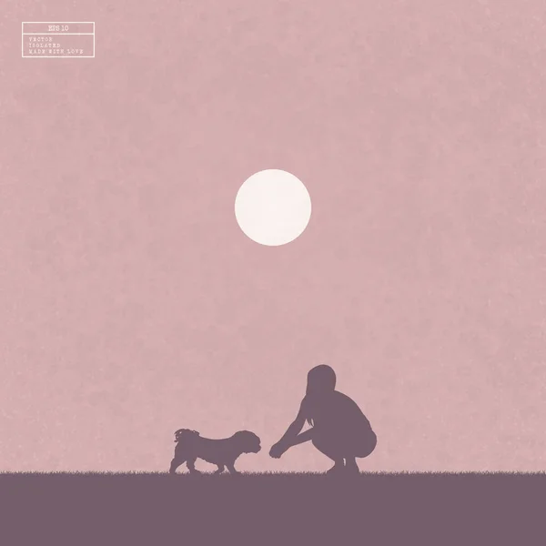 Girl with dog in park. Woman and animal isolated silhouettes on hill. White sun on pink texture background. Abstract vector illustration for use in polygraphy, textile, design, interior decor