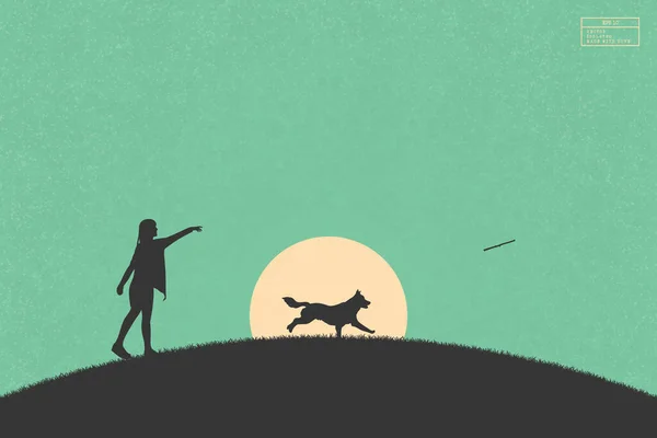 Девочка Тренирует Собаку Парке Женщина Бегущий Питомец Изолированные Силуэты Желтое — стоковый вектор