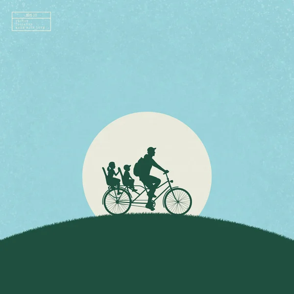 孩子们在公园里骑自行车 山上骑自行车的家庭的孤立的轮廓 蓝色纹理背景下的白色太阳 图形学 纺织品 设计中的矢量图解摘要 — 图库矢量图片