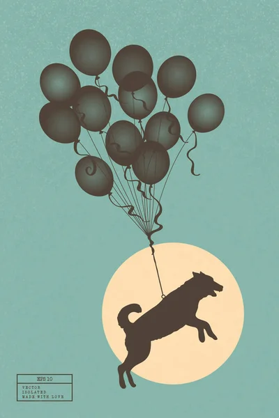 狗在气球上飞行 天空中孤立的动物轮廓 蓝色纹理背景上的黄色太阳 图形学 纺织品 幼儿装饰用矢量图解 — 图库矢量图片