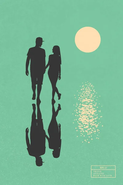 Due Amanti Camminano Dopo Pioggia Silhouette Isolata Coppia Amorevole Sole — Vettoriale Stock