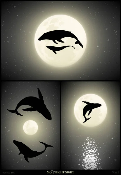 Família Baleias Voando Céu Noite Luar Peixe Grande Saltar Debaixo —  Vetores de Stock