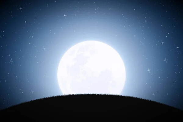月光下的草山风景 蓝色神秘的背景 大满月在星空下 用于多边形 纺织品 室内装饰的水平向量图 — 图库矢量图片