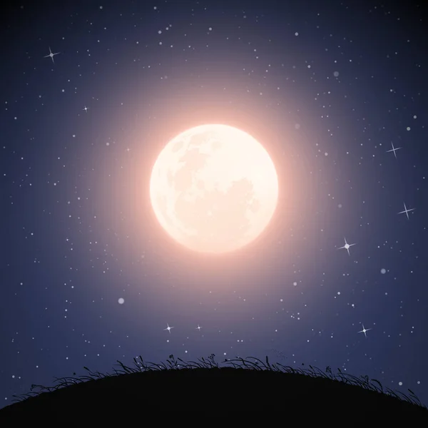 月光の夜に芝生の丘と風景 星空の下で満月とネイビーブルーの神秘的な背景 ポリグラフィック テキスタイル デザイン インテリア装飾に使用するための正方形のベクトルイラスト — ストックベクタ