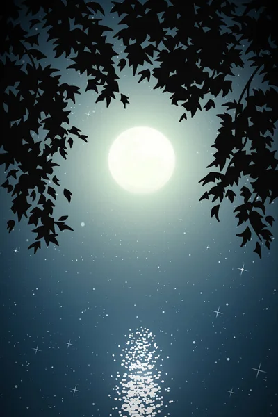 月明かりの夜に枝で囲まれた湖の風景 星空の下で満月と青の神秘的な背景 ポリグラフィック テキスタイル デザイン インテリア装飾に使用するための垂直ベクトルイラスト — ストックベクタ