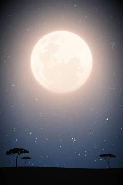 Пейзаж Саваннами Ночь Луны Темно Синий Загадочный Фон Полной Луной — стоковый вектор