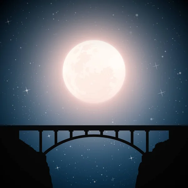 Paisaje Con Puente Noche Luna Fondo Misterioso Azul Marino Con — Archivo Imágenes Vectoriales