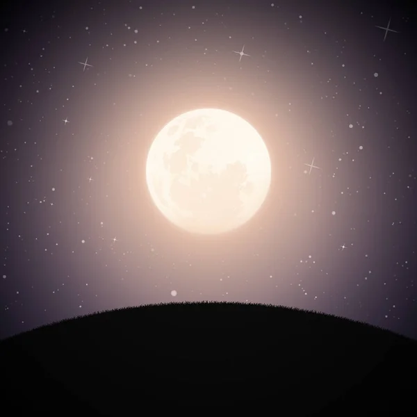 月光の夜に芝生の丘と風景 星空の下で満月と神秘的な背景 ポリグラフィック テキスタイル デザイン インテリア装飾に使用するための正方形のベクトルイラスト — ストックベクタ