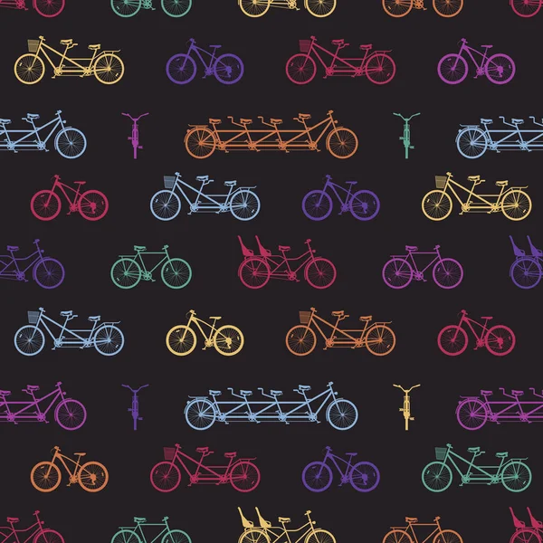 无缝隙图案 有自行车的轮廓 数字纸与不同类型的自行车 色彩艳丽的背景 印刷品 T恤衫的矢量图解 — 图库矢量图片
