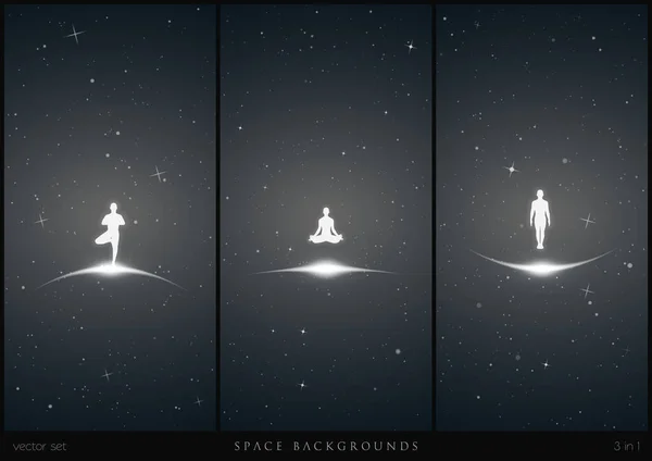 Yogi Solitaire Dans Espace Méditer Les Silhouettes Blanches Des Gens — Image vectorielle