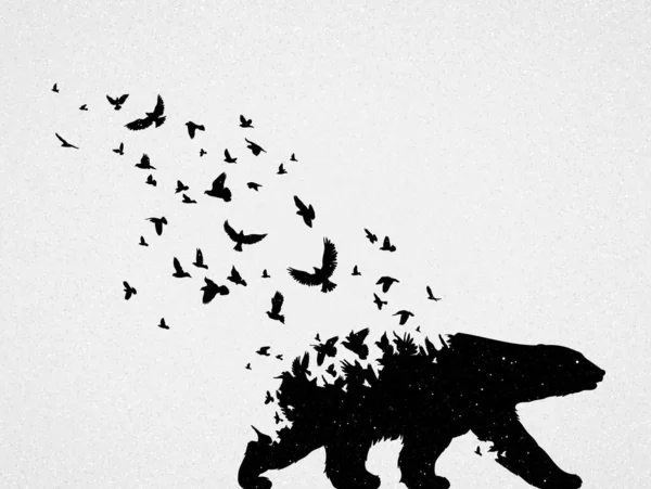 Polar bear silhouette, flying birds. Endangered animal. Life and death. Wildlife protection concept. Metaphor black and white art poster. Vector illustration for prints, t-shirts