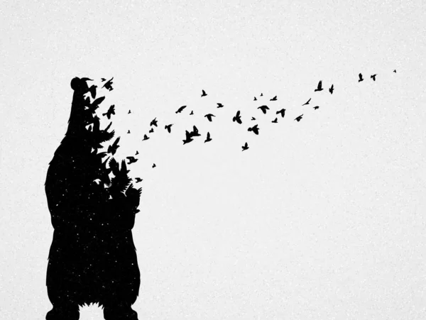 ホッキョクグマのシルエット 飛んで鳥 絶滅危惧動物 生と死 野生生物保護の概念 メタファーブラックとホワイトアートのポスター プリント用ベクトルイラスト Tシャツ — ストックベクタ