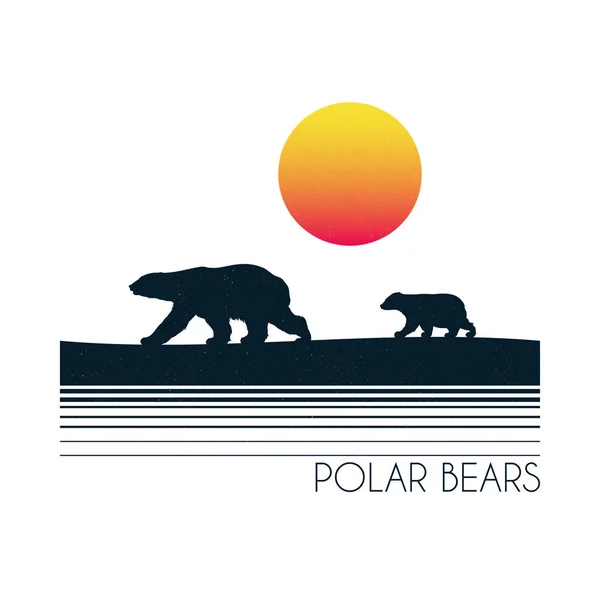 Los Osos Polares Caminan Nieve Ilustración Retro Con Madre Animal — Vector de stock