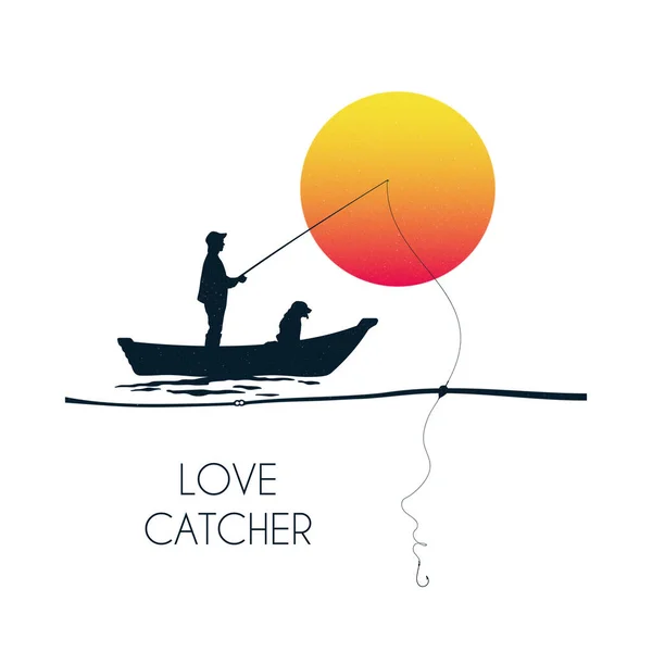 Pescador Barco Con Caña Pescar Retrato Femenino Una Línea Ilustración — Vector de stock