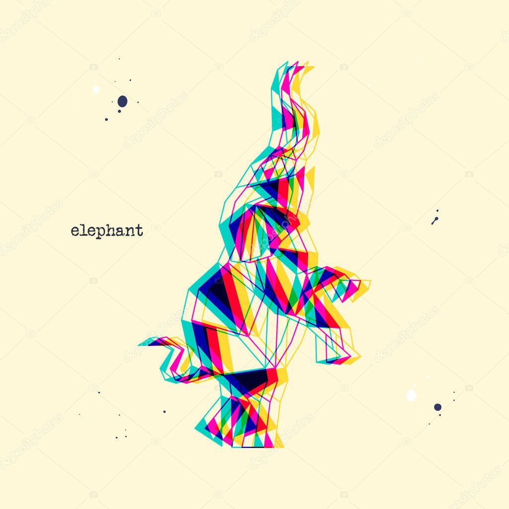 Polygon stereoscopic elephant silhouette. Low poly animal. Abstract geometric logo icon. Triangle graphic, origami style, 3D stereo effect. Glitch vector illustration for web design, t-shirt, postcard