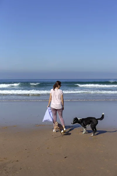 Mujer con perro recogiendo basura y plásticos limpiando la playa — Foto de Stock