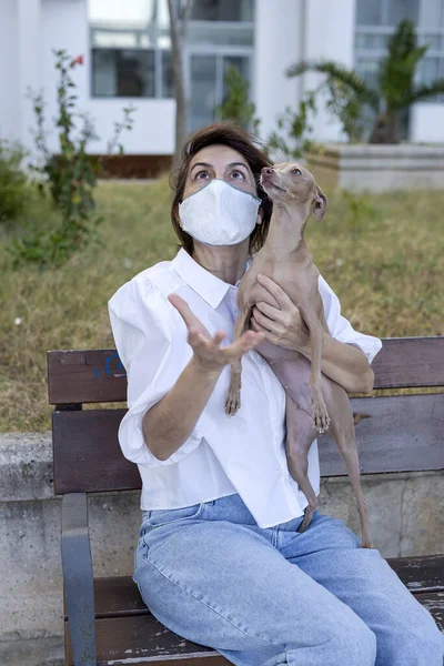 Woman Playing Italian Greyhound Dog Protective Mask Coronavirus Covid Concept — Stock Photo, Image