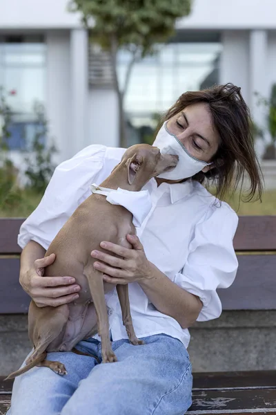 Woman Playing Italian Greyhound Dog Protective Mask Coronavirus Covid Concept — Stock Photo, Image