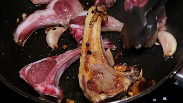 Frying Lamb Chops Olive Oil Pepper Garlic Homemade — Stock Video