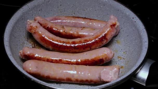 Frying Sausages Pan Healthy Olive Oil — Stock Video