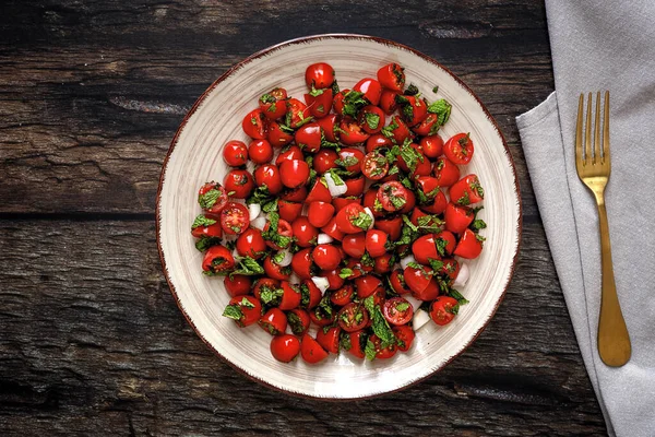 Homemade Cherry Tomato Salad Fresh Onions Mint Olive Oil Salt — Stock Photo, Image