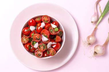 Taze soğanlı, naneli, zeytinyağlı ve tuzlu ev yapımı domates salatası. Vejetaryen yemeği. Sağlıklı gıda konsepti