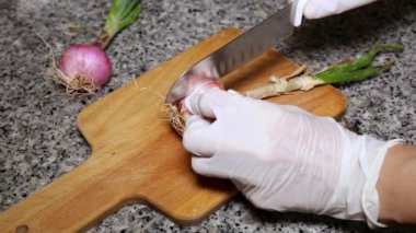 Şefin elleri soğan ve sarımsak doğruyor. Ev yapımı. Düz yatıyordu. Üst görünüm